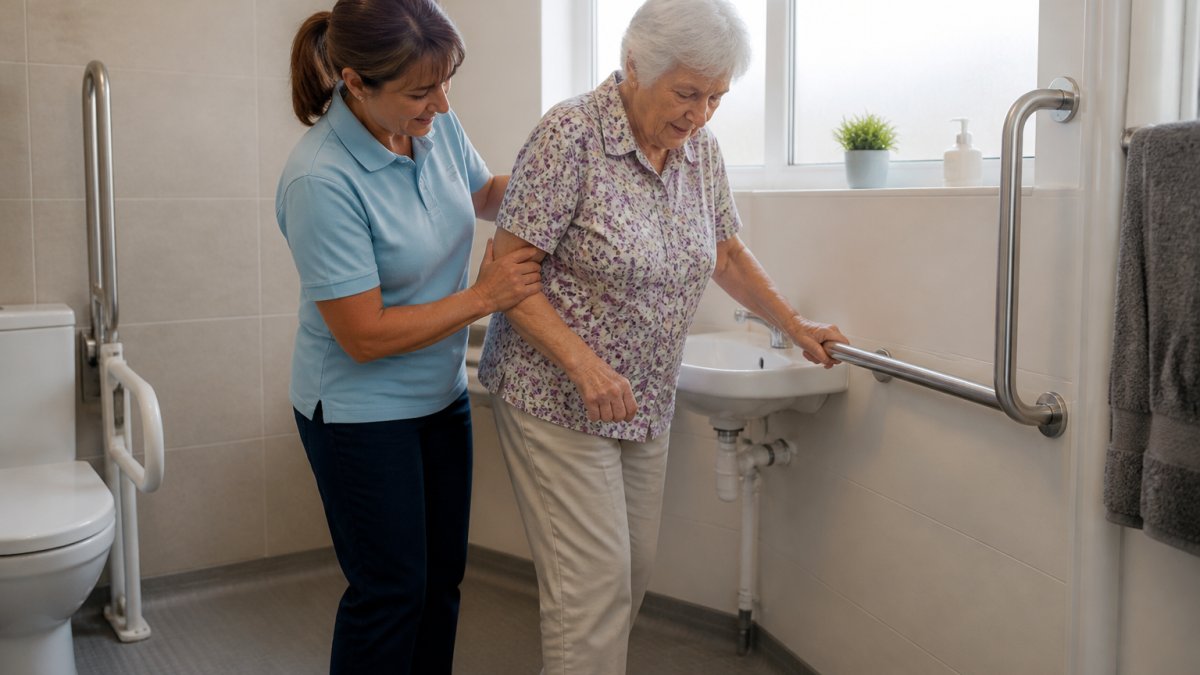 Professional caregiver assisting an elderly person with mobility near grab bars in a well-lit, accessible bathroom with non-slip flooring and clear pathways