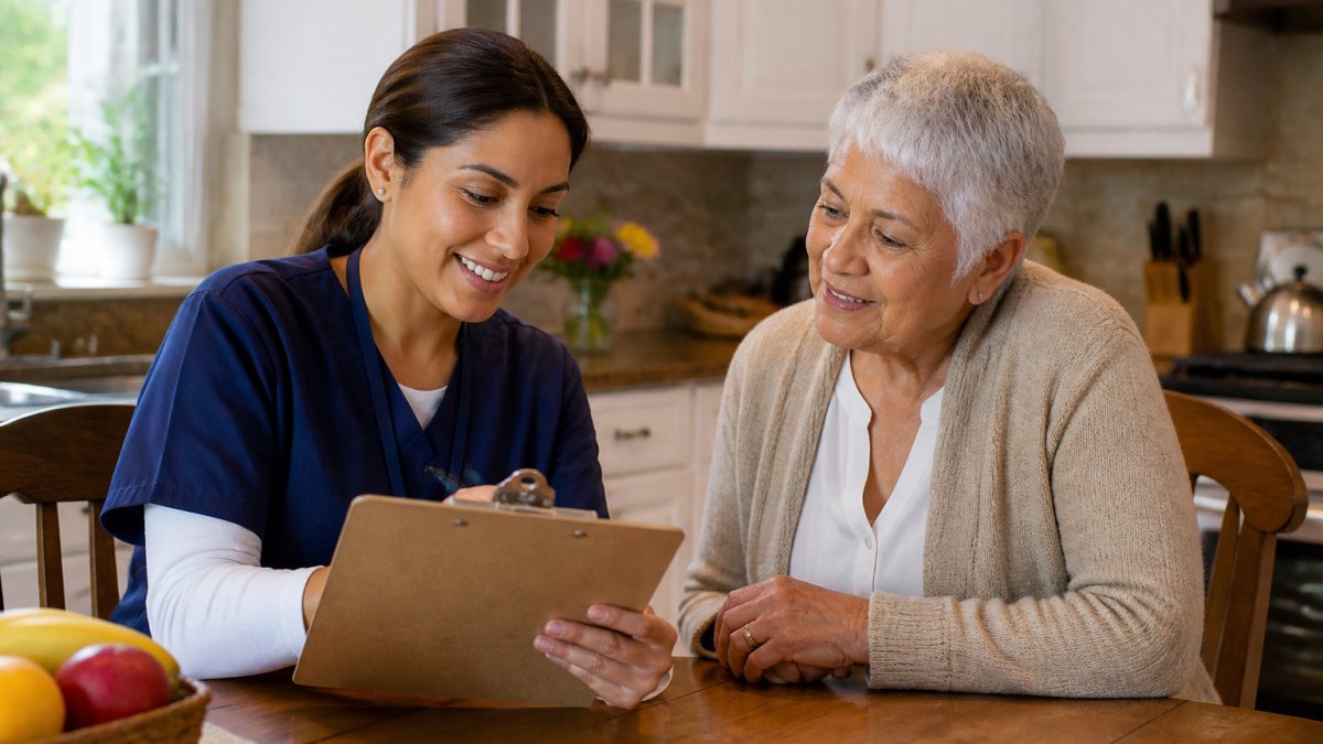 A compassionate female home care nurse in professional attire sitting at a kitchen table with an elderly woman, reviewing a clipboard and discussing care needs in a warm, well-lit home environment