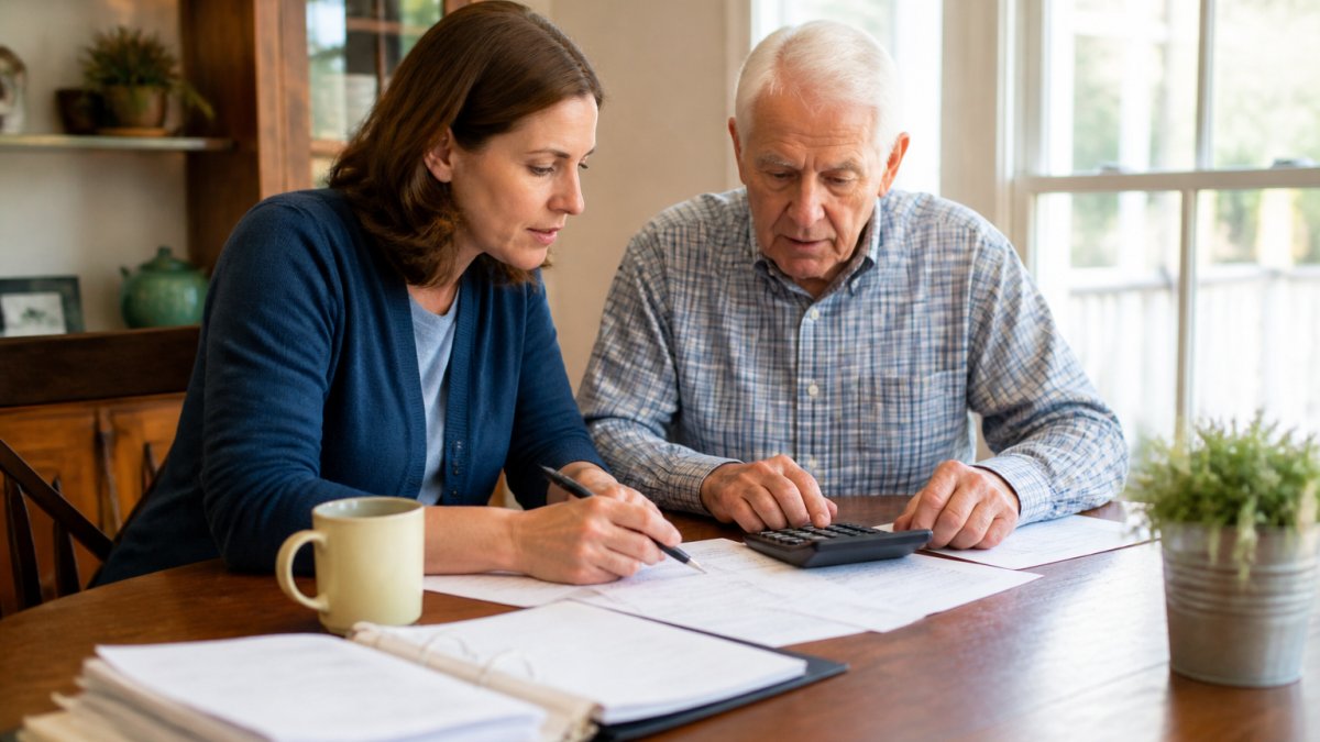 Infographic comparing the 2026 live-in care cost against household budget factors with family reviewing financial notes.