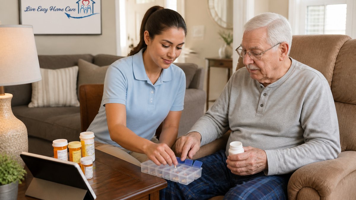 A warm, well-lit living room where a professional female caregiver in a soft polo shirt sits beside an elderly man in a recliner, helping him sort his morning medications into a pill organizer while a tablet rests on the side table