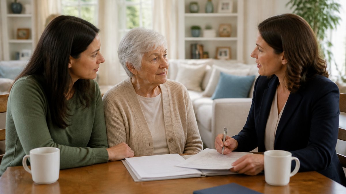 Adult child and elderly parent meeting with a professional home care coordinator in a bright, comfortable living room, discussing care options at a table with documents and coffee