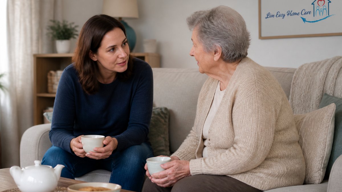 Adult child and aging parent sitting together in a comfortable living room having a calm conversation over tea, showing attentive listening and warm connection