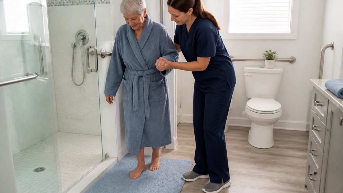A caregiver helping an older woman step safely onto a non-slip bath mat in a bright, clean bathroom with grab bars installed beside the shower and toilet