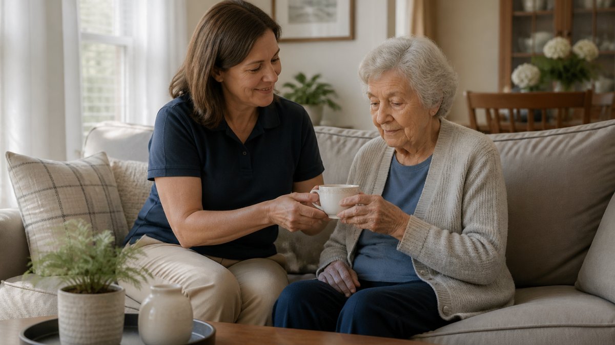 A gentle, professional caregiver sitting beside an older woman with dementia in a bright living room, helping her hold a cup of tea, warm natural light, calm and dignified atmosphere