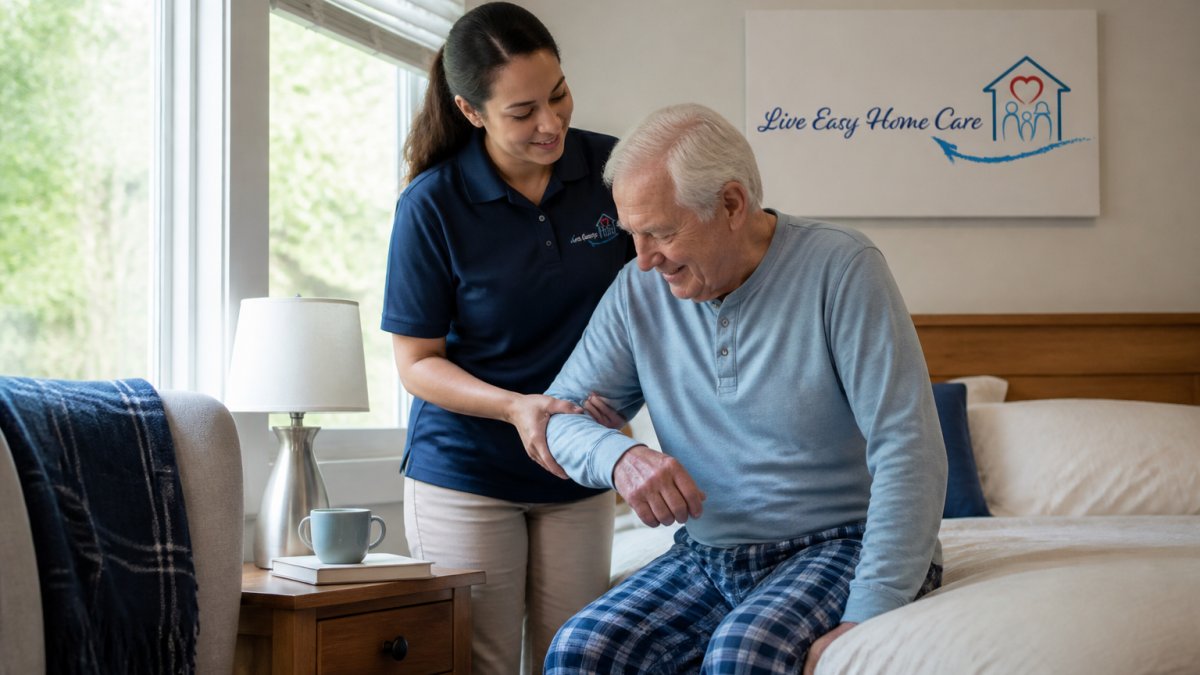 Professional caregiver assisting elderly senior with morning routine in bright, comfortable home setting, showing attentive support and respect