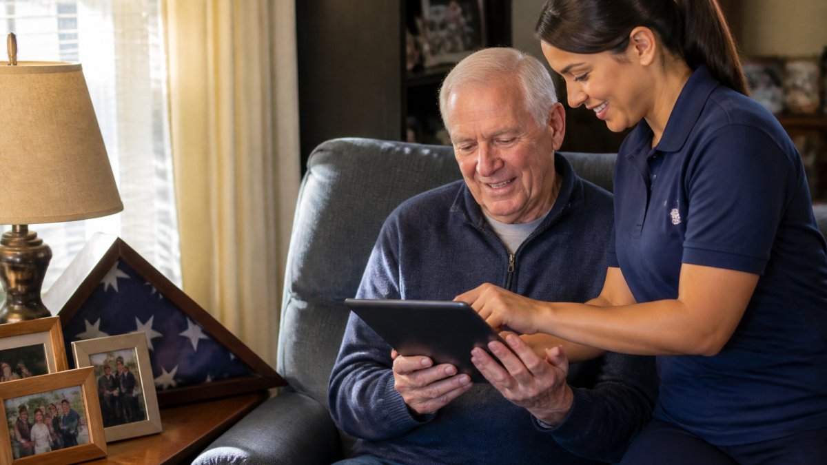 Infographic showing the process for accessing VA benefits for in-home care with a veteran and caregiver scene